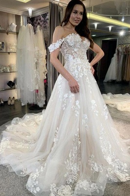 Elegant Off-the-Shoulder Tulle A-line Wedding Dresses Lace Appliques Bridal Dress with Sweep Train