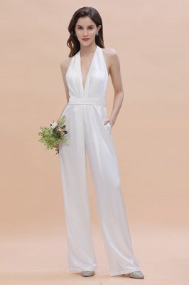Stylish Halter White Bridesmaid Jumpsuit Backless Satin with Side Pockets_2