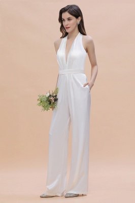 Stylish Halter White Bridesmaid Jumpsuit Backless Satin with Side Pockets_6