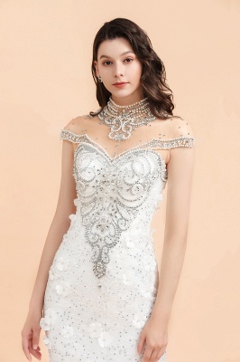 Luxurious High neck Mermaid Silver Beaded White Wedding Dress_7