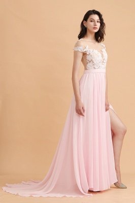 Chic Jewel Pink Chiffon Long Bridesmaid Dress Floral Lace A-line Wedding Party Dress with Side Slit_6