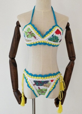 Crochet Knit Floral Print Halter Bandage Sexy Bikini Set_2
