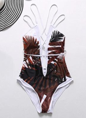 Leaves Print Plunge V Neck Crisscross Strappy One-piece Swimsuit_3