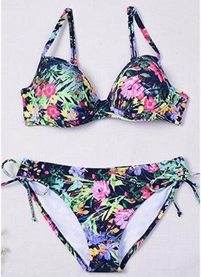 Women Underwire Two Pieces Swimsuit Floral Print Drawstring Sexy Bikini Set Bathing_6