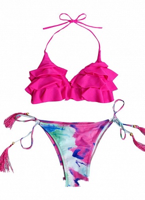 Women Sexy Bikini Set Ruffles Self-tie Two Pieces Frill Beach Swimwear_1