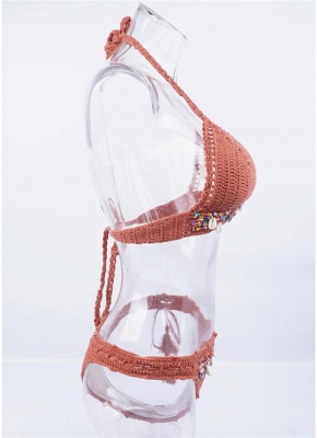 Crochet Knit Beads Halter Bandage Sexy Bikini Set_6