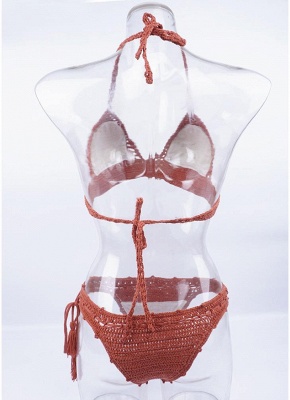 Crochet Knit Beads Halter Bandage Sexy Bikini Set_5