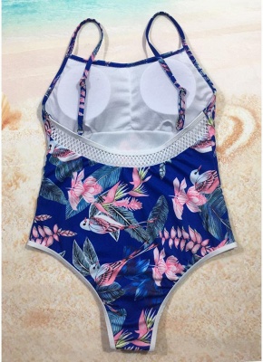 Women One Piece Swimsuit Floral Leaves Print High Cut Backless Mesh Insert  Rompers Jumpsuit_4