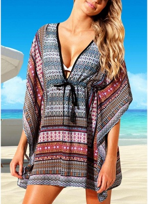 Women Beach Cover Up Dress Bohemian Geometric Print V-Neck Loose_2