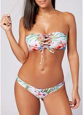Floral Print Lace Up Off the Shoulder Padded Sexy Bikini Set_1