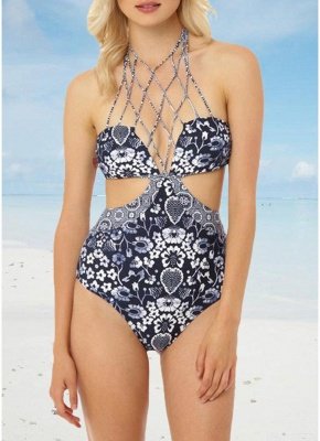 Women One Piece Swimsuit  Floral Print Lacing Up Hollow Out Contrast Bodysuit Beach Wear Swimwear_1