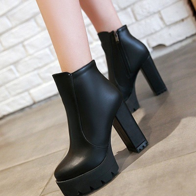 Chunky Heel Daily Zipper Black Round Toe Boots for Women_3