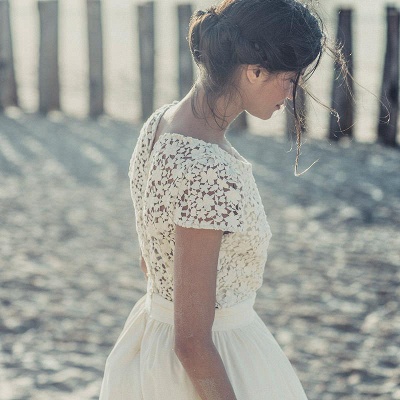 White Jewel Lace A-line Wedding Dress Cap Sleeve Tea Length Bridal Dress_3