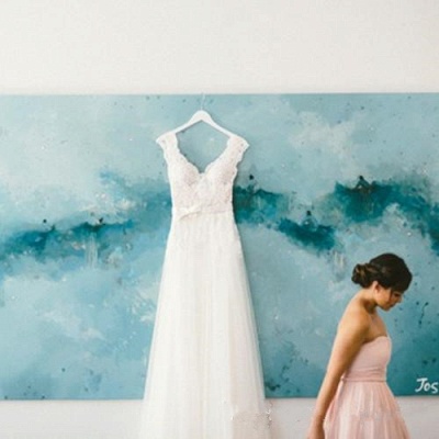 Romantic V-neck White Tulle Princess Wedding Dress Lace Bowknot_5