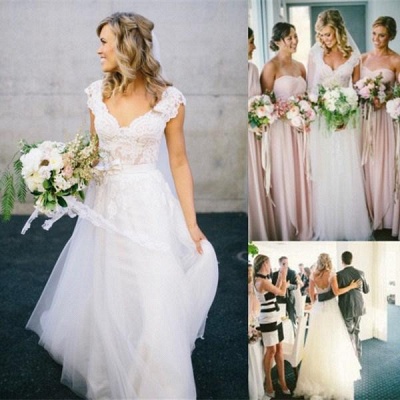 Romantic V-neck White Tulle Princess Wedding Dress Lace Bowknot_2