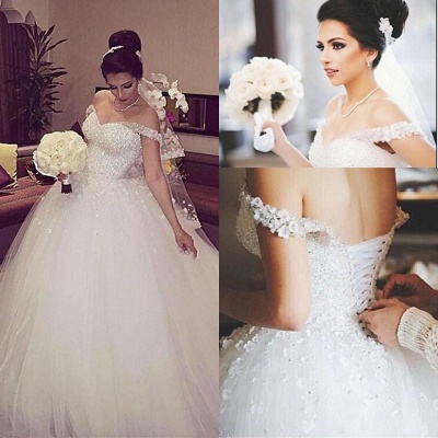 Beads Unique Off-the-shoulder Lace-up Appliques Ball-Gown Wedding Dress_2