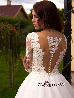 Button Tulle Elegant Princess Long-Sleeve Lace Zipper Wedding Dress_3
