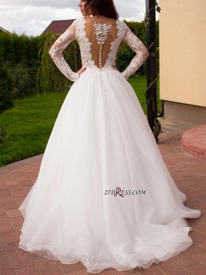 Button Tulle Elegant Princess Long-Sleeve Lace Zipper Wedding Dress_2