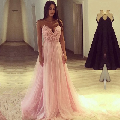 Spaghetti Strap V-Neck Pink Prom Dress UK Long Tulle Party Gowns BA7939_3