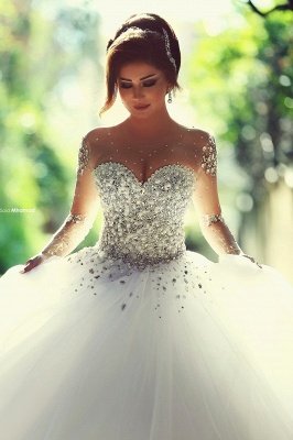 Vintage Long Sleeve Beadss Ball Gown Tulle Wedding Dress_1