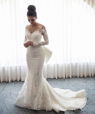 Gorgeous Sexy Mermaid Lace Wedding Dress with Sleeves | Bowknot Detachable Overskirt Bride Dress_3