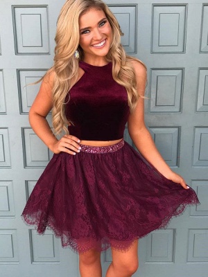 Beautiful Two Pieces Burgundy Lace Homecoming Dress UK Short With Sequins BA7014_1