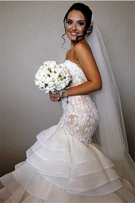 Elegant Lace  Sexy Mermaid Wedding Dress Tiered Open Back Strapless Wedding Gowns BA1540_1