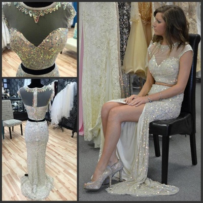 Gorgeous Cap Sleeve Sequins Prom Dress UKes UK Two Pieces Slit Beadings_3