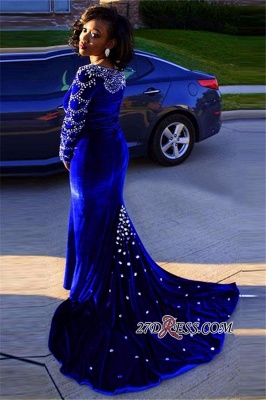 Velevt Mermaid V-Neck Long-Sleeves Elegant Royal-Blue Crystal Prom Dress UK_2