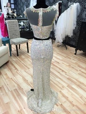 Gorgeous Cap Sleeve Sequins Prom Dress UKes UK Two Pieces Slit Beadings_5