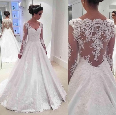 Newest A-line Long Sleeve Wedding Dress Lace Appliques_1