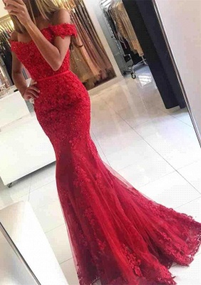 Appliques Off-the-shoulder Red Lace Gorgeous Mermaid Evening Dress UK_1