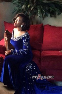 Velevt Mermaid V-Neck Long-Sleeves Elegant Royal-Blue Crystal Prom Dress UK_3