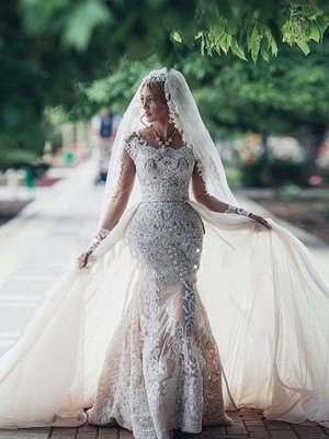 Elegant Sexy Mermaid Long Sleeves Lace Wedding Dresses UK Scoop Neckline Appliques Detachable Skirt Bridal Gowns_1