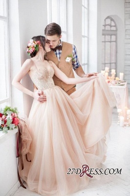 Tulle Sweetheart Lace Fairy Appliques Spaghetti-Strap Long Wedding Dress_5