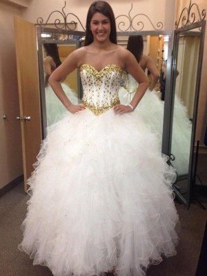 Fabulous Sweetheart Golden Crystal Wedding Dress Tulle Princess Bridal Gowns_2