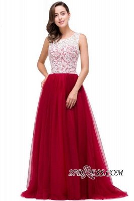 Tulle Sexy Red Sleeveless Floor-Length A-Line Prom Dress UK_3