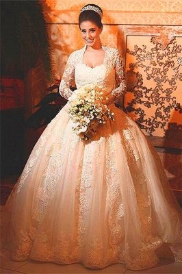Modern Lace Long Sleeve Wedding Dress Ball Gown Button Zipper Back_1