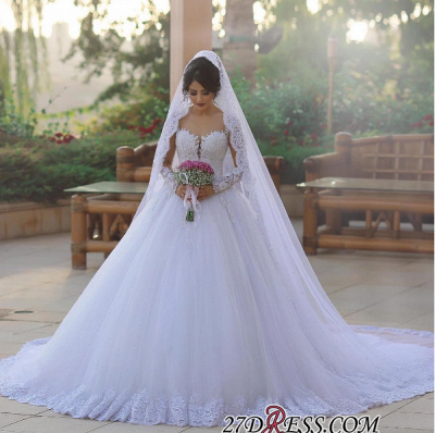 Tulle Ball Popular Long-Sleeves Appliques Elegant Wedding Dress BA6619_2