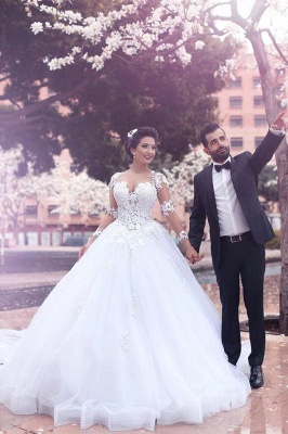 Chic Long Sleeve Lace Appliques Wedding Dress Tull Ball Gown_2