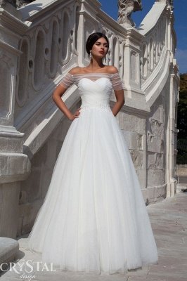 Elegant Off-the-shoulder Tulle Wedding Dress Lace-up With Bowknot_1