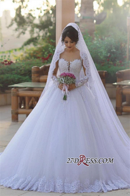 Tulle Ball Popular Long-Sleeves Appliques Elegant Wedding Dress BA6619_1