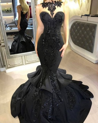Elegant Black Mermaid Prom Dress UK Long Sequins Ruffles Party Gowns BA7654_1