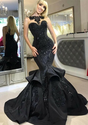 Elegant Black Mermaid Prom Dress UK Long Sequins Ruffles Party Gowns BA7654_3