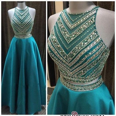 A-Line Two-Pieces Halter Luxury Crystal Sleeveless Prom Dress UK_2