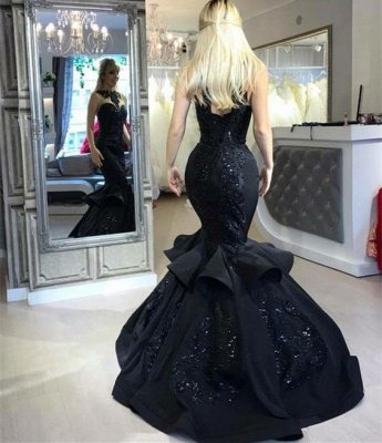 Elegant Black Mermaid Prom Dress UK Long Sequins Ruffles Party Gowns BA7654_5