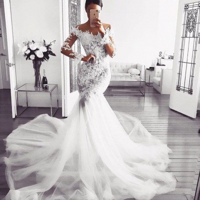 Elegant Off Shoulder Wedding Dresses UK | Long Sleeves  Sexy Mermaid Lace Bridal Gowns_2