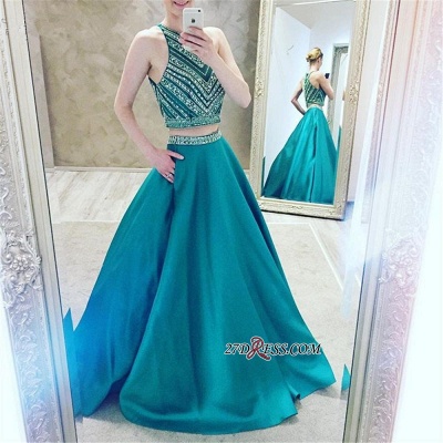 A-Line Two-Pieces Halter Luxury Crystal Sleeveless Prom Dress UK_1