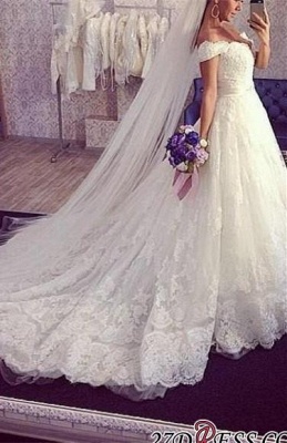 Ball-Gown Off-the-shoulder Tulle Delicate Train Lace Wedding Dress_3