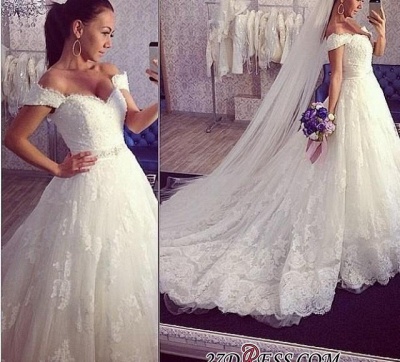 Ball-Gown Off-the-shoulder Tulle Delicate Train Lace Wedding Dress_1